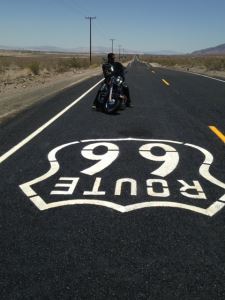 Charles Vethan on his motorcycle on Route 66